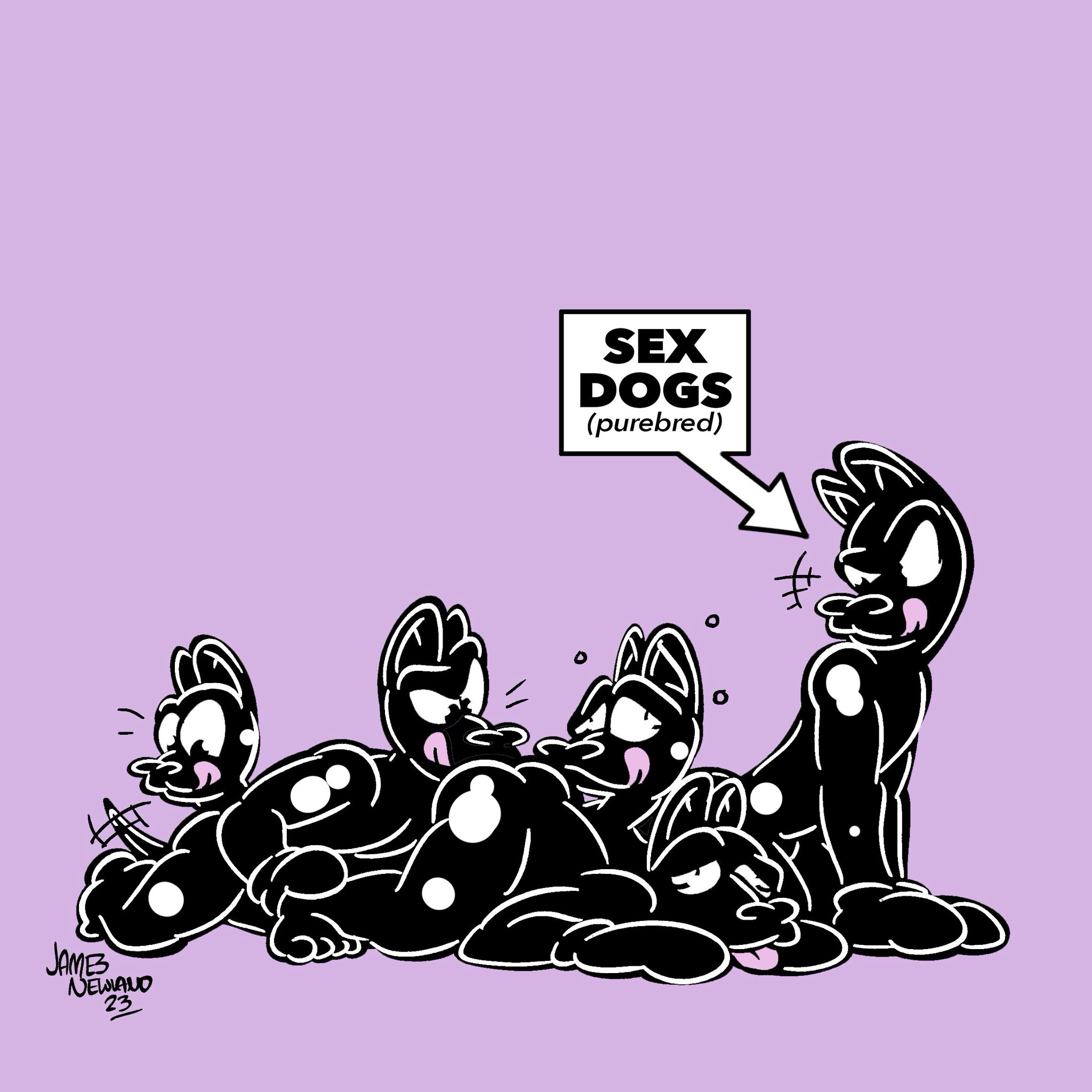 Four "sex dogs" in rubber are in a pile and checking each other out