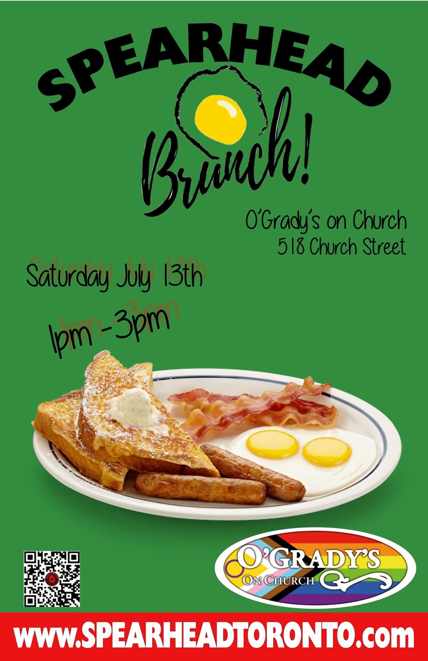 Spearhead Brunch - O'Grady's on Church Street. 1 to 3PM, Saturday July 13th. Photo of a breakfast plate (eggs, bacon and buttered toast) on a green background.