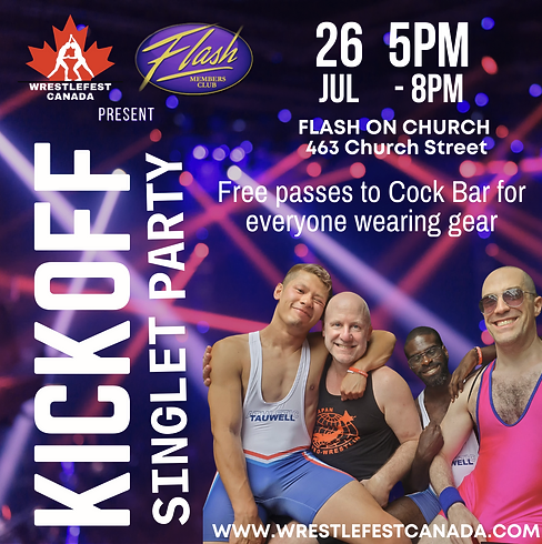 Kickoff Singlet Party for Wrestlefest. Image of a group of men wearing wrestling singlets, with dance floor lighting behind them.