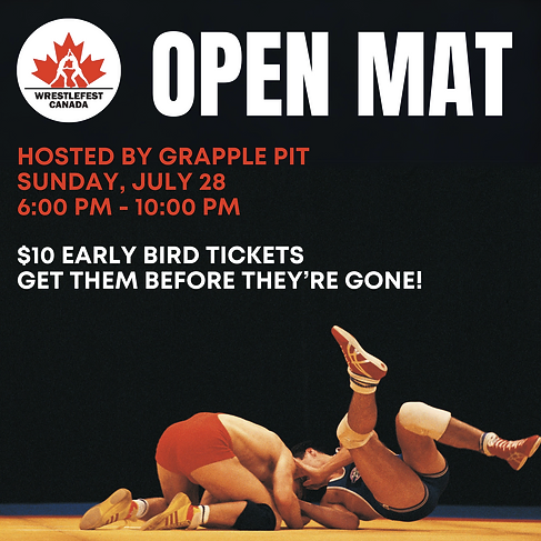 Open Mat for Wrestlefest. Image is of two people grappling on a mat at the bottom of the poster.