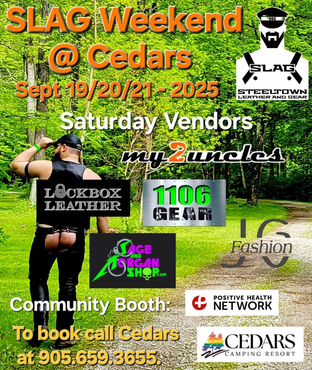 Photo of a leather bear, taken from the rear, showing chaps and a leather vest. He's on the edge of a campground, surrounded by trees.